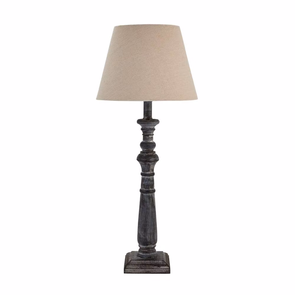 Wyld Haus Mossfern Grey Washed Wooden Column Table Lamp in Brown with Beige Linen Shade, Height: 30.48 cm – 2