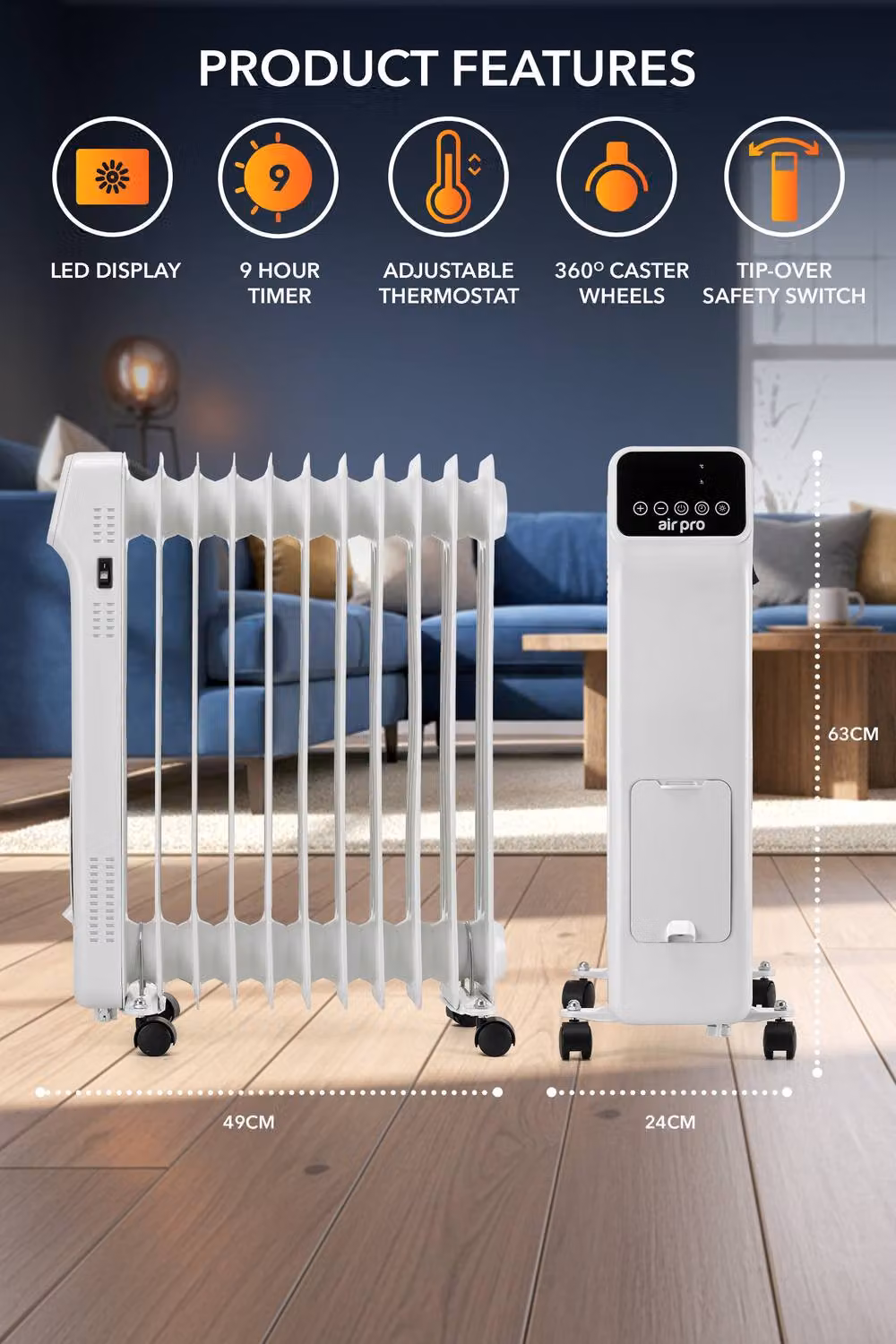 Air Pro 2500W Oil-Filled Electric Radiator with Thermostat and 9 Hour Timer, White – 7