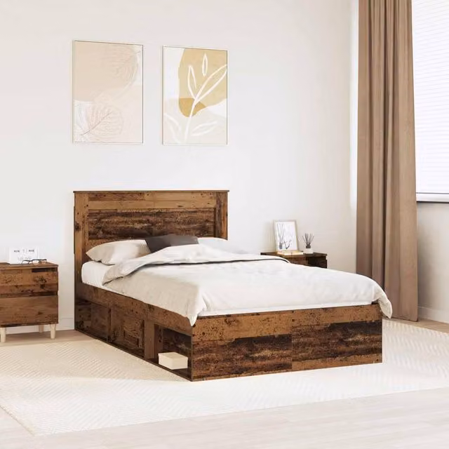 Berkfield Home Bed Frame with Headboard in Brown Old Wood, W: 135 cm, L: 190 cm