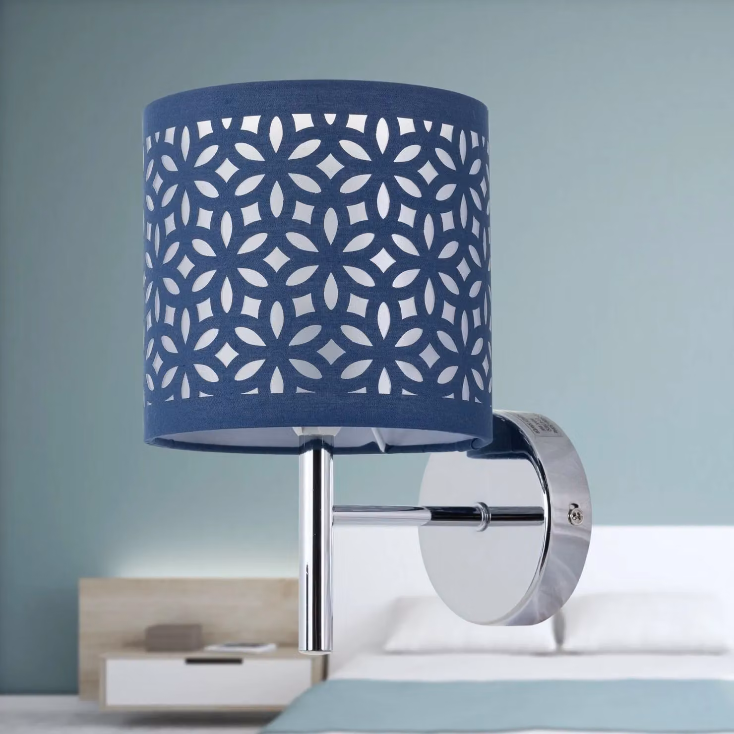 First Choice Lighting Brea Chrome Wall Light with Blue Fabric Shade – 3