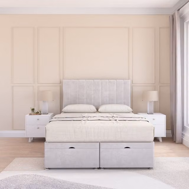 Sloomy Kansas Small Single Plush Fabric Ottoman Bed with 26 Inch Headboard and Hybrid Memory Mattress in Silver
