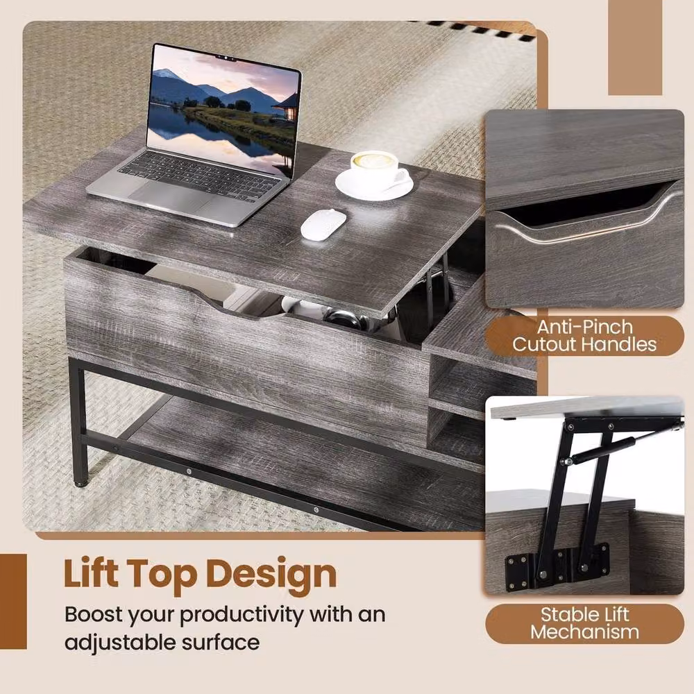 KORVIXA Modern Square Coffee Table with Storage Shelf and Lift Mechanism in Grey, W/D: 100 x 100 cm – 5