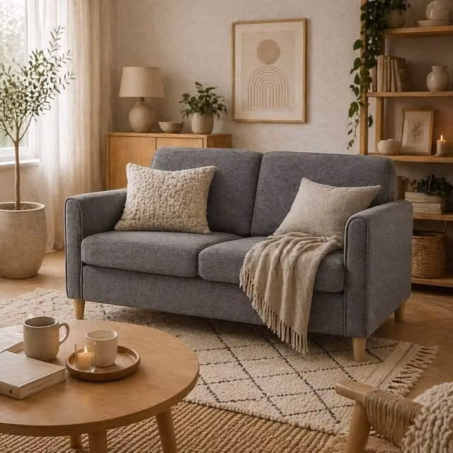 Wyld Haus Loveka Grey 2 Seater Compact Upholstered Loveseat with Solid Wood Legs and Scatter Cushions