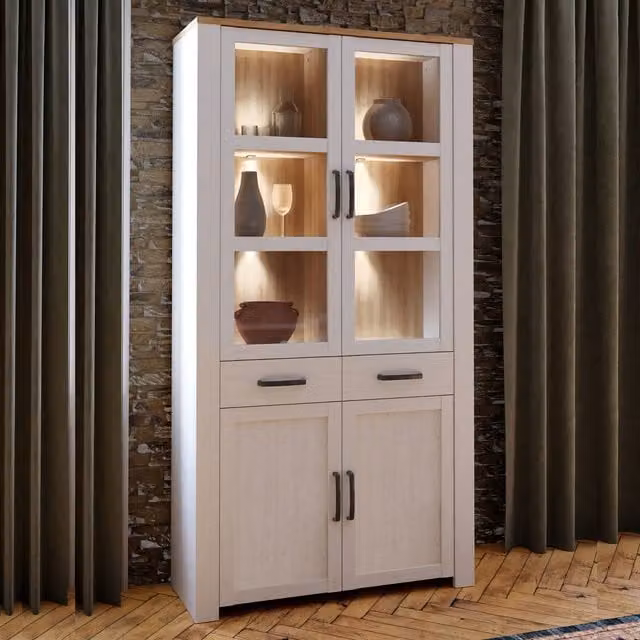 Furniture To Go Bohol Modern White Display Cabinet with Glass Doors and Integrated LED Lighting