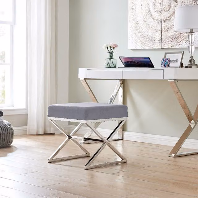 FurnitureboxUK Oxford Modern Grey Velvet and Silver Chrome Cube Stool