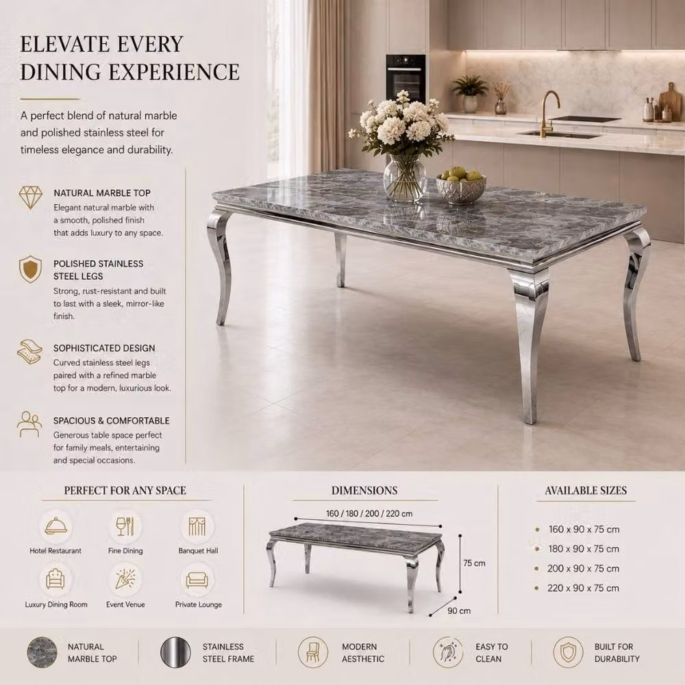 Stratus Interiors Louis Modern Rectangular Marble Top Dining Table in Grey, W: 180 cm, D: 90 cm, H: 74 cm – 4