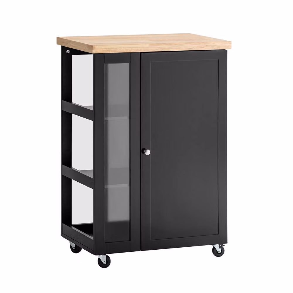 SoBuy Compact Kitchen Trolley in Black with Wood-Effect Top and Hinged Doors – 2