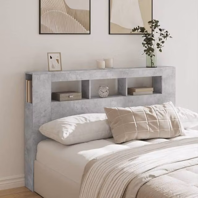 Berkfield Home LED Headboard in Concrete Grey with Integrated Lighting and Bedside Shelf, W/D/H: 160 x 18.5 x 103.5 cm – 1