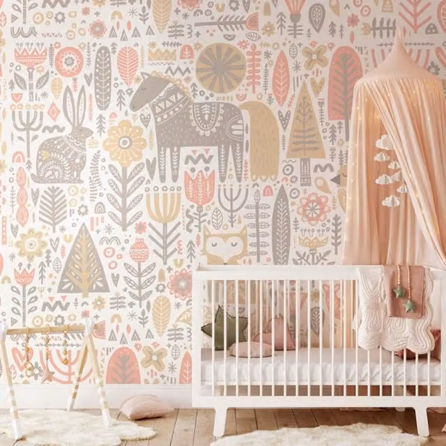Origin Murals Scandi Forest Animals Wall Mural in Blush Pink and Floral Design