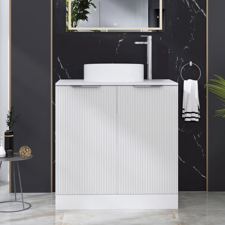 Royal Bathrooms Evora Matt White Fluted Floor Standing 2 Door Vanity Unit with Art Deco Stone Basin, Width: 80 cm