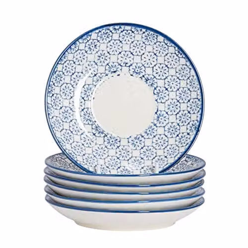 Nicola Spring Hand Printed Floral Stoneware Cappuccino Saucers, Blue, Pack of 12, Diameter: 14.5 cm