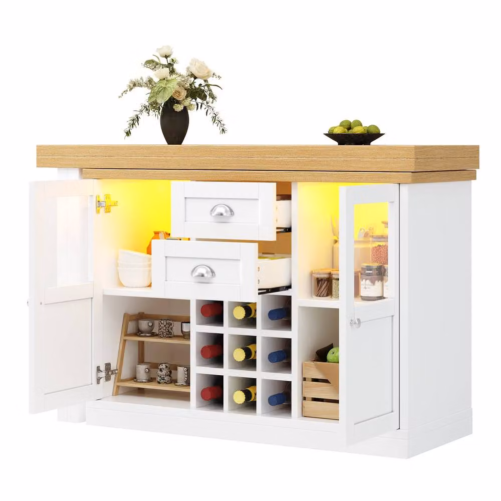 BTM Extendable White LED Sideboard with Glass Storage Cabinet for Dining Rooms and Living Rooms, W/D/H: 148 x 40 x 74 cm – 3