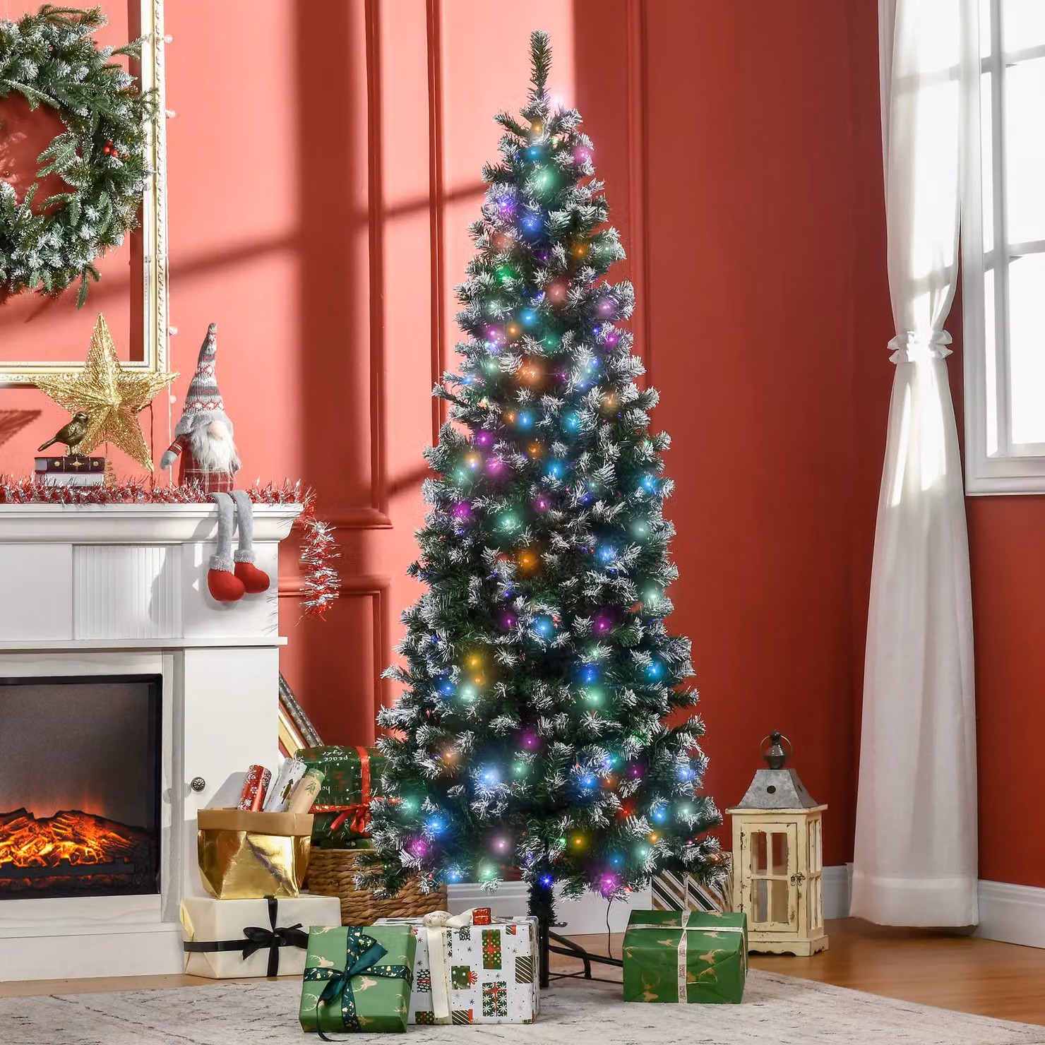 HOMCOM 6ft Prelit Pencil Artificial Christmas Tree with 618 Multicolour LED Lights in Green – 2