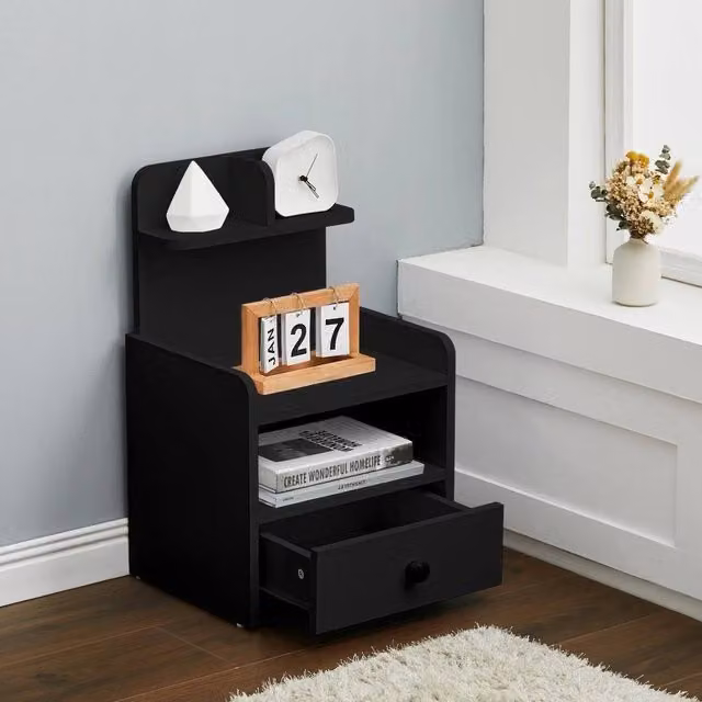 EONLION Modern Black Wood Bedside Table and Nightstand – 1