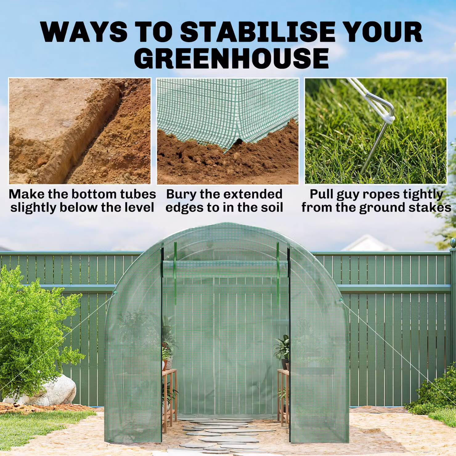 Outsunny Green Walk-In Polytunnel Greenhouse with Steel Frame, PE Cover, Roll-Up Door and 4 Windows, W: 2.5 m, D: 2 m – 3