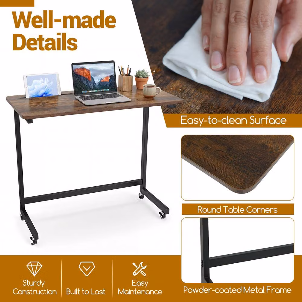 Gymax Rolling Side Table and Laptop Desk Cart with Wheels in Brown – 5