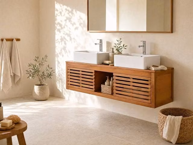 Vente-unique Acacia Wood Wall-Mounted Bathroom Vanity Unit with Double Washbasin in Walnut