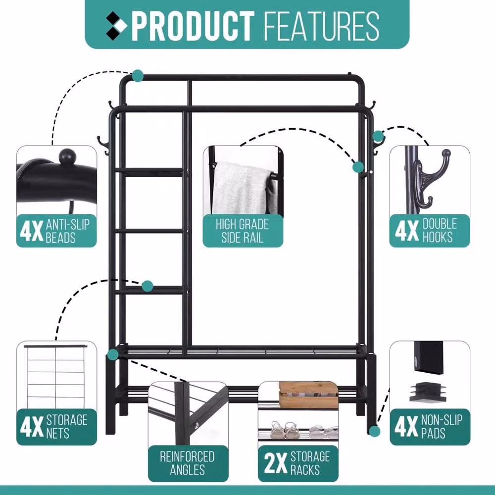 Havendro Heavy Duty Black Metal Clothes Rail with 2 Rods and 4 Shelves, 120kg Capacity – 3