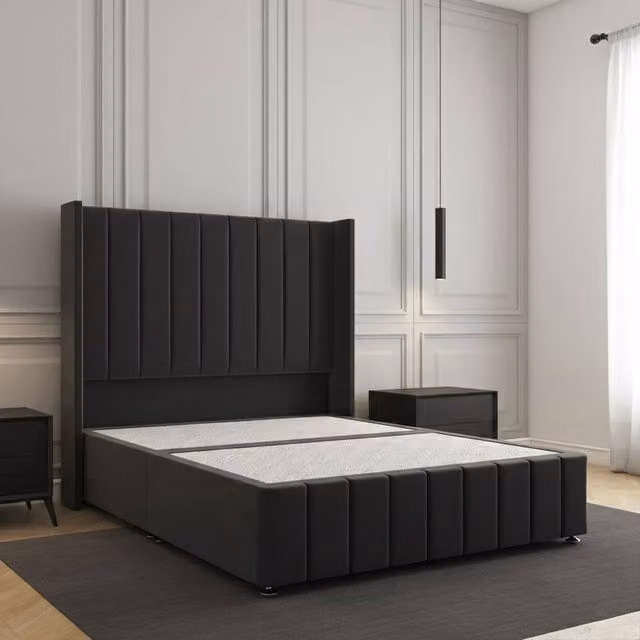 Regional Furnishings Super King Divan Bed with 54 inch Headboard and 12 inch Footboard in Black Velvet Fabric