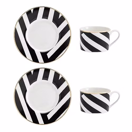 Mikasa Luxe Deco Geometric Bone China Tea Cup and Saucer Set of 2, 200ml, Black, White and Gold – 1