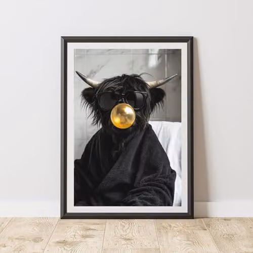60 Second Makeover Highland Cow Gold Bubble Gum Animal Print Paper Poster, Multicolour, W: 21.0 cm, H: 29.7 cm