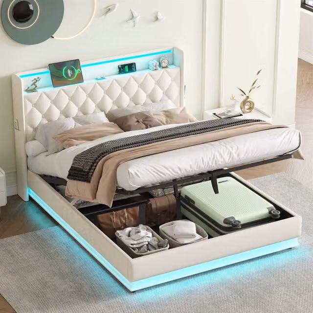 BTM Linen Ottoman Bed in Beige with Hydraulic Storage, LED Headboard and USB Ports, Double Size 140 x 200 cm