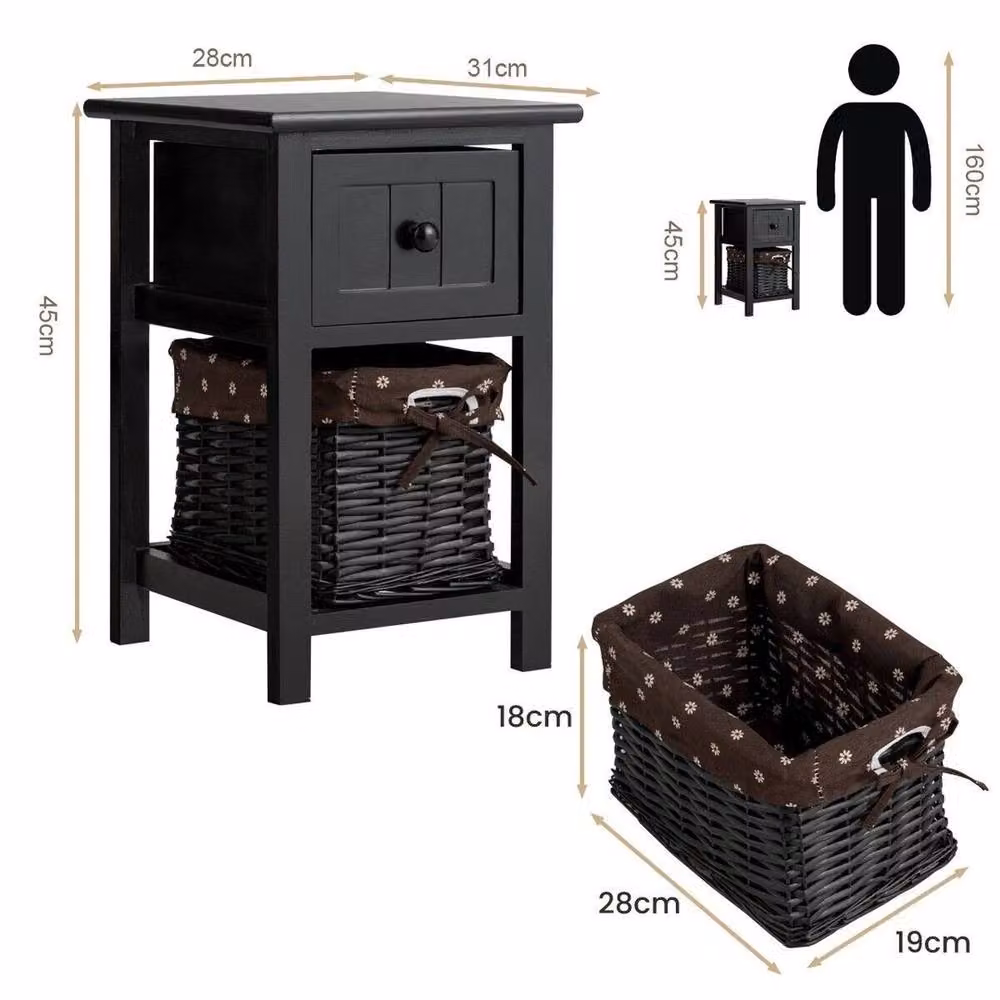 Havendro Set of 2 Black Nightstands with Removable Rattan Baskets – 2
