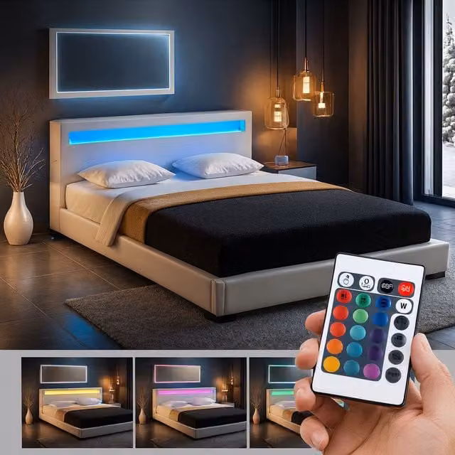 Harmin White Double 4ft6 LED Upholstered Faux Leather Bed Frame with Under-Bed Lighting W/D/H: 140 x 200 cm