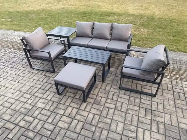 Fimous 6 Seater Modern Aluminium Outdoor Furniture Set in Dark Grey with 3 Seater Sofa, 2 Armchairs, Coffee Table, Ottoman and Side Table