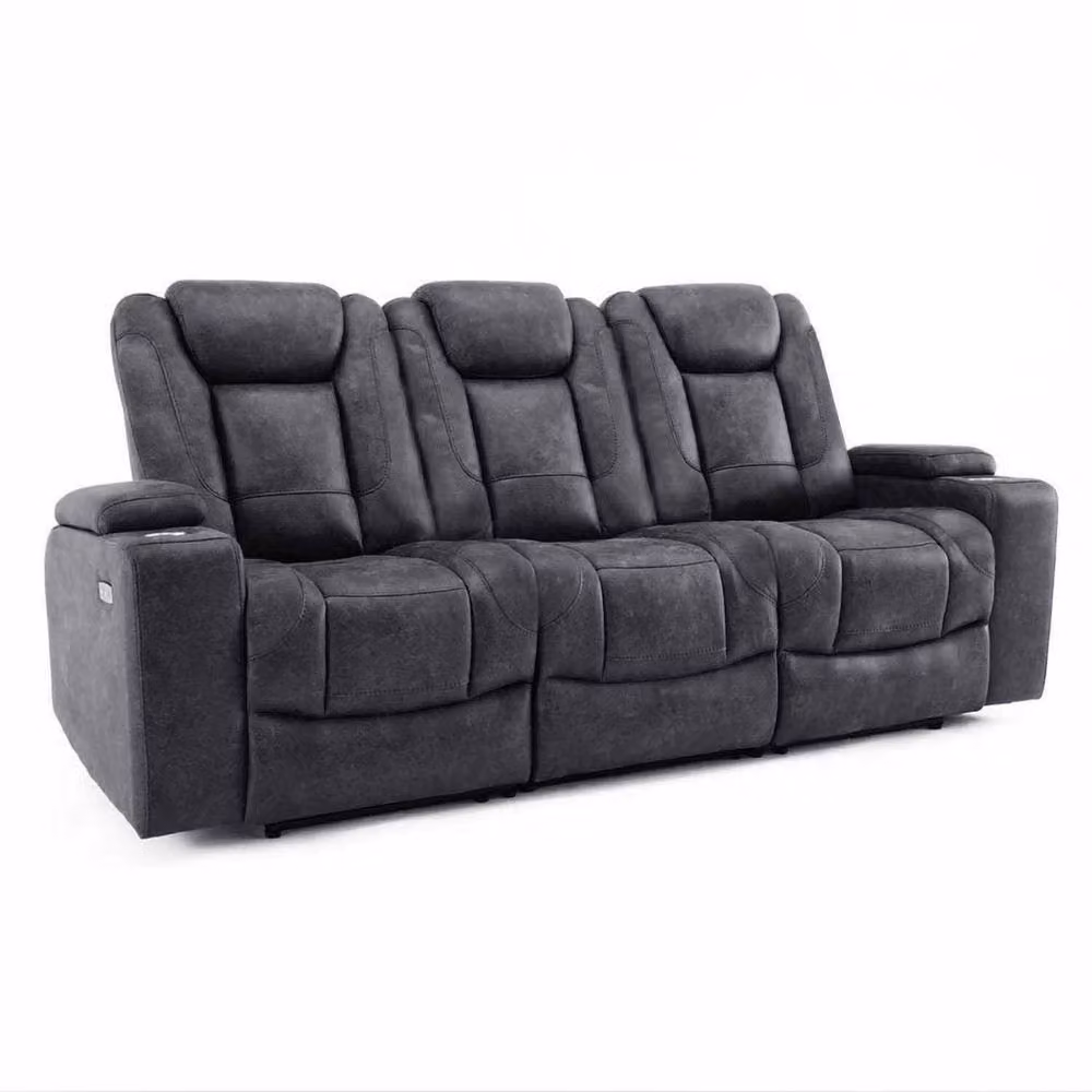 Furnishings For Less UK Juniper Grey Fabric Electric Recliner 3 + 2 Sofa Suite with USB Charging, Cup Holders and LED Lighting – 4