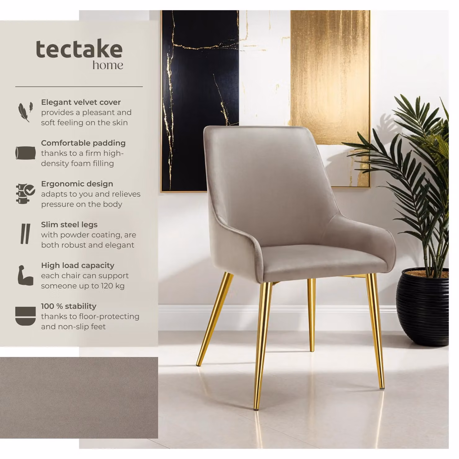 tectake Avane Set of 2 Modern Dining Chairs in Taupe Velvet Fabric with Armrests – 2