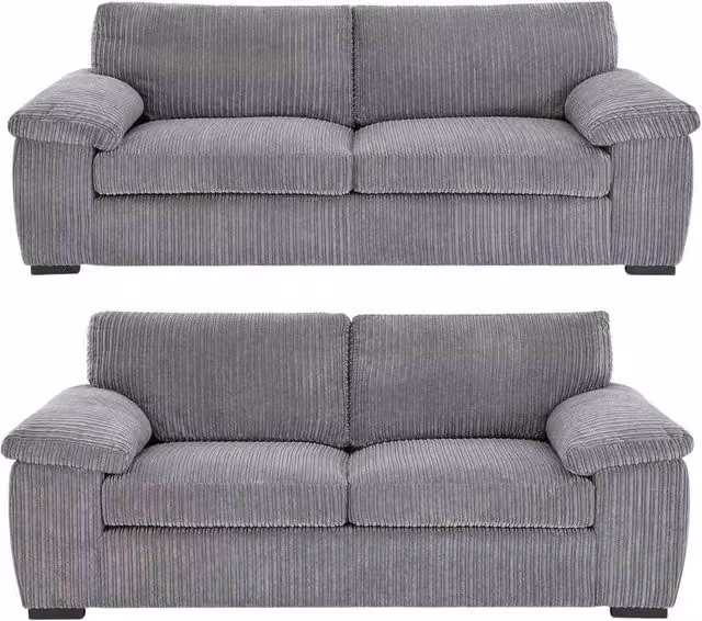 Bliss Furniture Jumbo Cord 3+2 Seater Sofa Set in Grey Striped Fabric with Solid Wood Frame