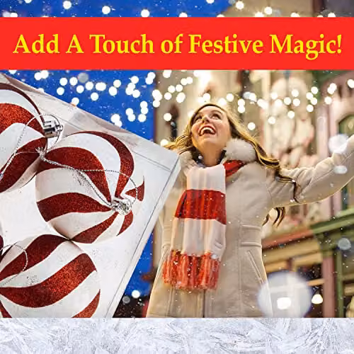 VFM Red and White Striped Candy Cane Baubles, 4 Pack, Diameter: 8 cm – 7