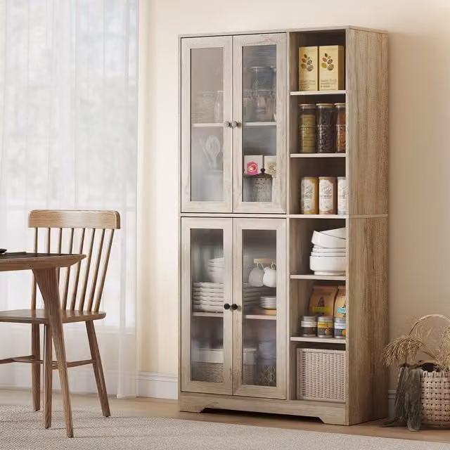 HOMCOM Modern Tall Kitchen Cupboard with Glass Doors and Internal Shelves, Grey, Height: 172 cm