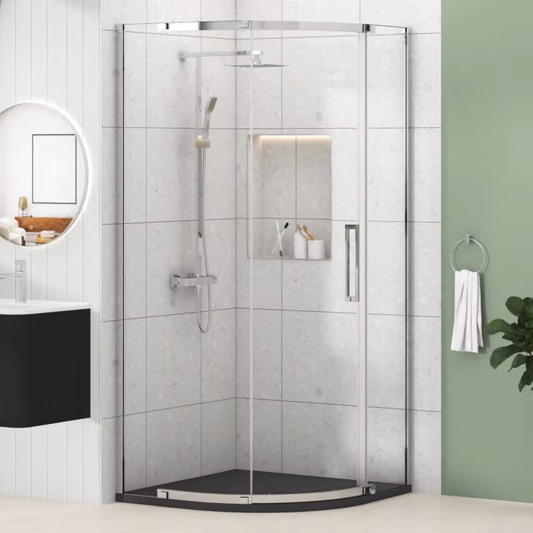 Royal Bathrooms Chelsea Single Door Quadrant Shower Enclosure with Black Mineral Cast Stone Tray, 8mm Easy Clean Glass, Height: 195 cm, Chrome