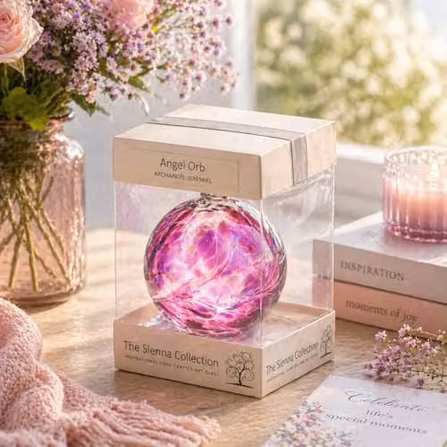 Sienna Glass Archangel Jeremiel Pink Angel Orb Handcrafted Glass Keepsake, Diameter: 10 cm – 3