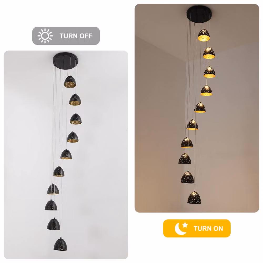 NIVOR 10-Light LED Dimmable Adjustable Pendant Chandelier in Black and Gold/Brass for Staircases, Living Rooms, Kitchens and Dining Rooms – 3