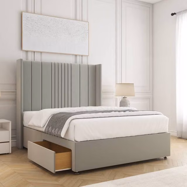 BSSPOKE Charlotte King Size Divan Bed Set with 54 inch Plush Headboard, 2 Drawers, Footend and Mattress in Silver Grey