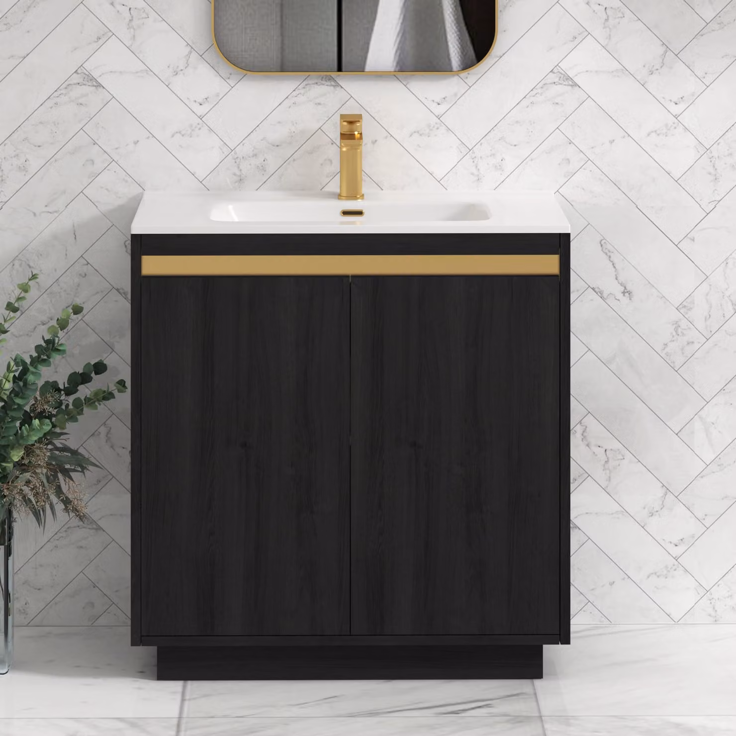 Royal Bathrooms Orion 800mm Floor Standing 2 Door Vanity Unit in Matt Black with Ceramic Basin and Brushed Brass Accent Trim