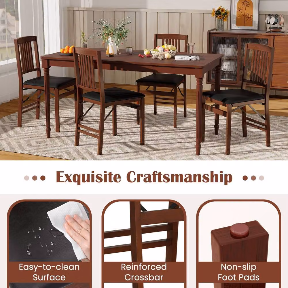 Costway Set of 2 Brown Folding Upholstered Dining Chairs with Synthetic Leather and Rubberwood – 4