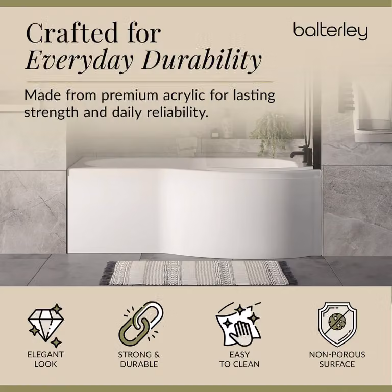 Balterley P Shape Right Hand Asymmetric Acrylic Bath with White Panel and Black Bath Screen W/D/H: 169.5 x 85 x 73.6 cm