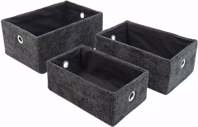 JVL Metro Set of 3 Fabric Rectangular Storage Baskets with Handles in Black and Grey – 3
