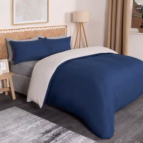 OHS Reversible Plain Microfibre Duvet Cover and Pillowcase Set in Navy and Grey, Single Size, Duvet Cover: 135 x 200 cm, Pillowcase: 50 x 75 cm – 3