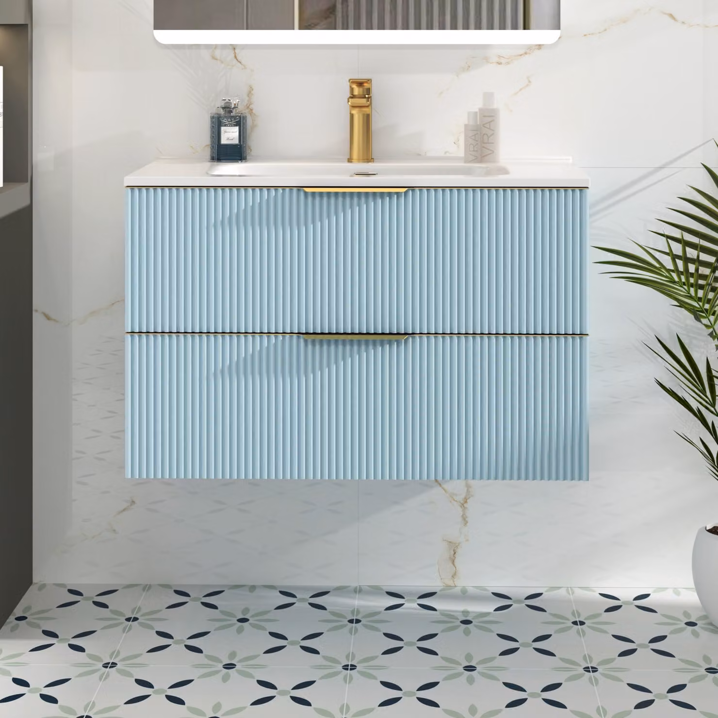Royal Bathrooms Evora 800mm Powder Blue Fluted Wall Hung Vanity Unit with 2 Drawers, Ceramic Basin and Brushed Brass Handles
