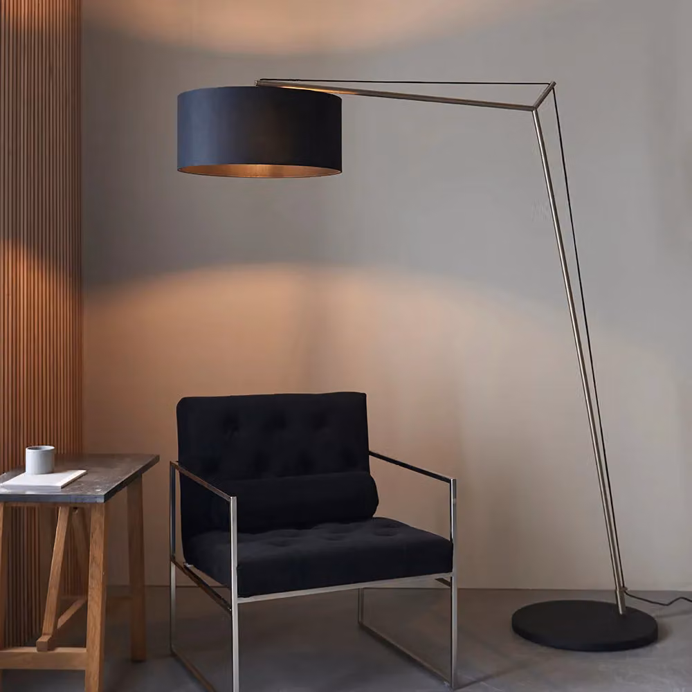 Loops Matt Nickel Large Standing Floor Lamp with Black Cotton Shade and Metal Base – 2