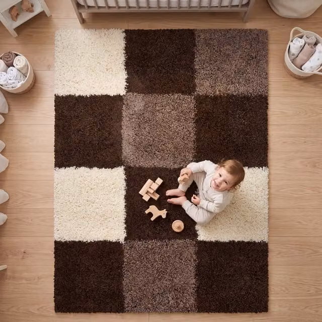 Bravich California Checked Shaggy Rug in Brown, W/D: 290 x 200 cm