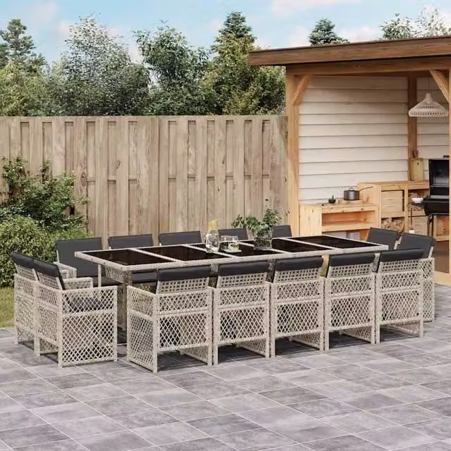 Berkfield Home 15 Piece Modern Garden Dining Set with Light Grey Poly Rattan and Glass Tabletop