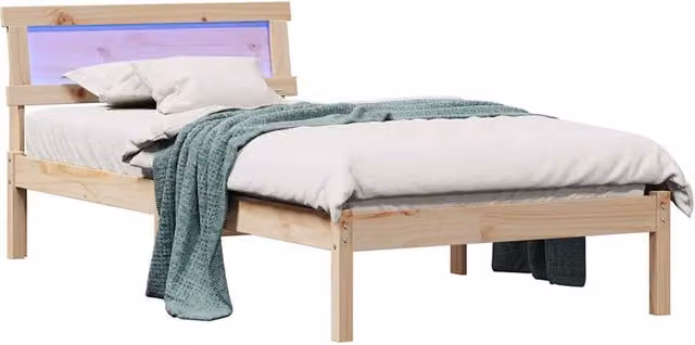 Berkfield Home Modern Solid Wood Bed with LED Strip Lights and Headboard in Brown and Sand, W/D/H: 100 x 200 cm