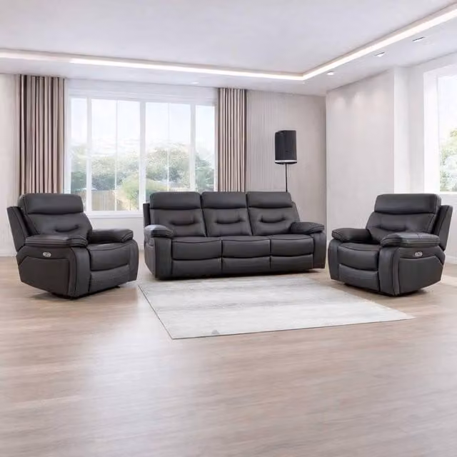 Furnishings For Less UK Renzo Grey Electric Recliner Sofa Suite with 3 Seater Sofa, 2 Armchairs and USB Charging – 1