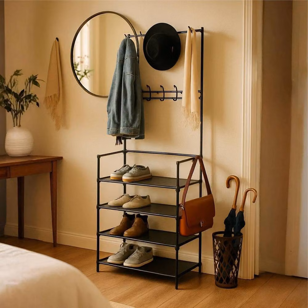 SPETLEK Metal Coat and Hat Stand with 8 Hooks and 4-Tier Shoe Rack in Matt Black – 3